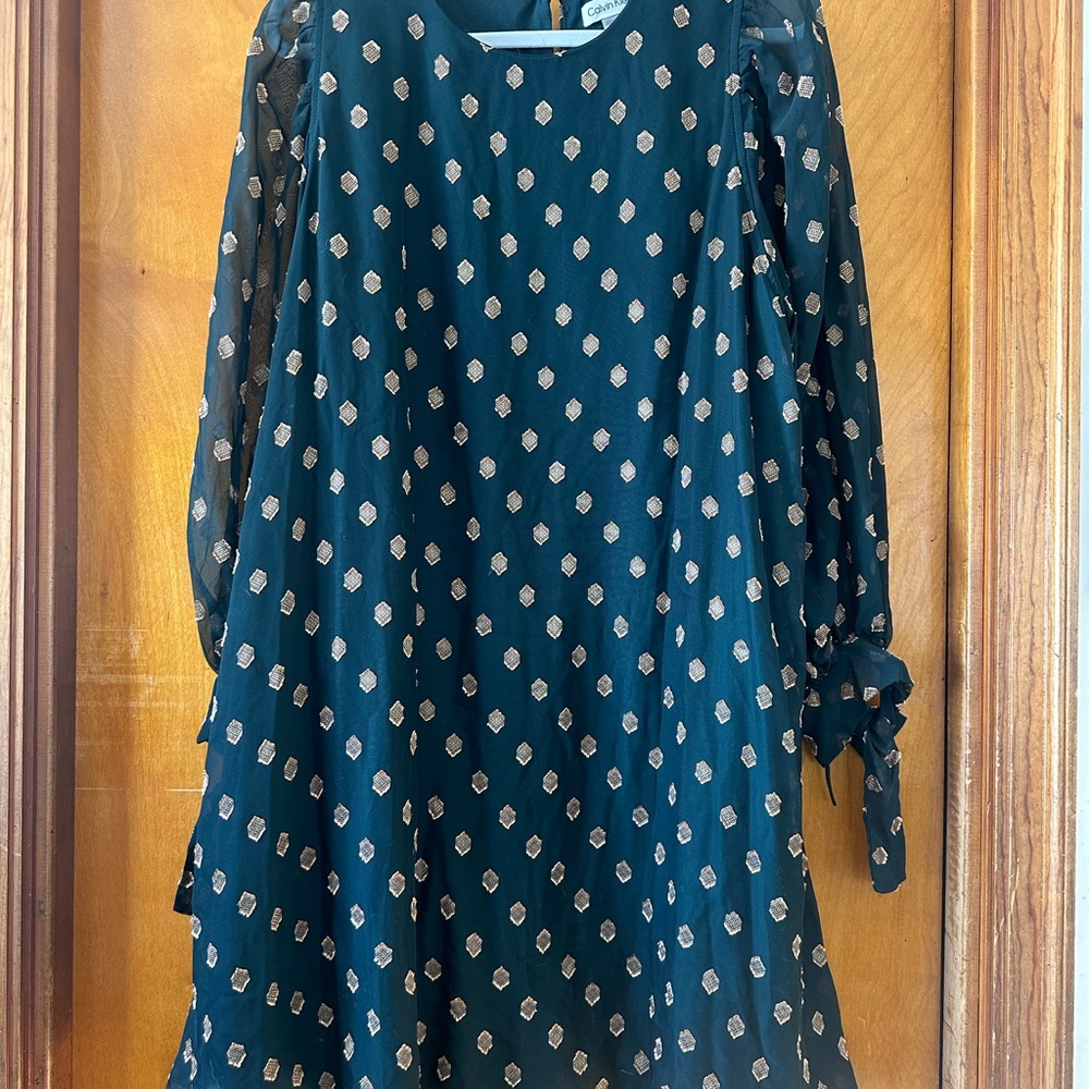 Calvin Klein Long Sleeve Dress in Navy with Gold Patterns